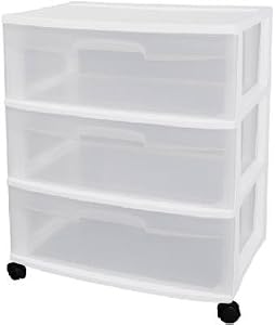 Image of Sterilite 29308001 3 Drawer White Wide Storage Drawer Cart