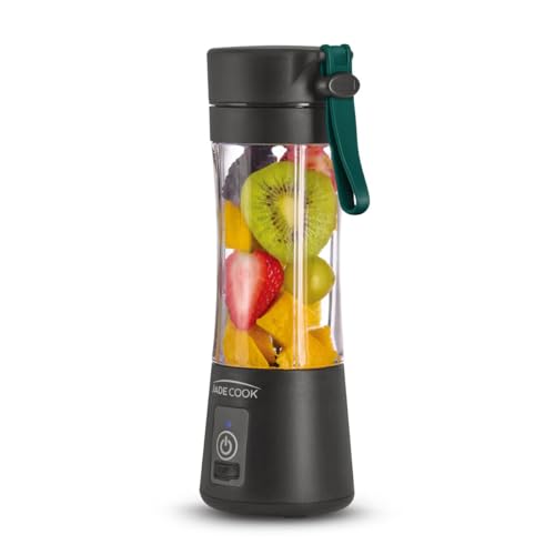 JadeCook Licuadora Portátil Mini Fusion, 45w de Potencia, Recargable Usb C, Capacidad 380ml para Smothies, Batidos, Cuchillas de Acero Inoxidable, Color Negro