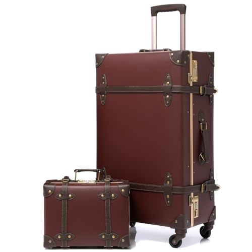 urecity Vintage Suitcase with Wheels, Travel Suitcase, Light, Retro, Rigid, 2 Pieces with Small 30 cm Bag, Caramel Brown, S(12")+L(26"), Vintage