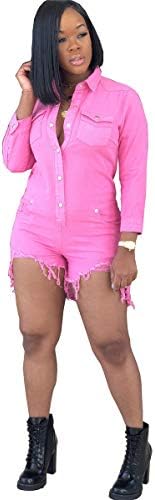 Women's Long Sleeve Lapel Button Pockets Bodycon Shorts Sexy Nightclub Party Denim Jumpsuit Rompers