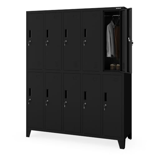Jan Nowak Dressing Room Cabinet Metal Cabinet with 10 Compartments Ventilation Slots Powder Coating 172 cm x 136 cm x 45 cm (Black)