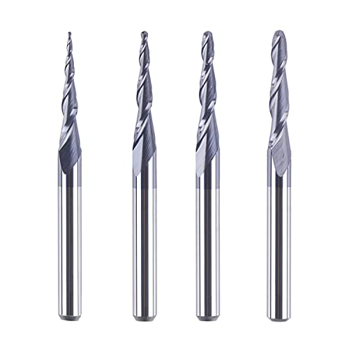 SpeTool 4Pcs Spiral Ball Nose CNC Router Bit Set, TiAlN Coated Solid Carbide End Mill for 3D Engraving & Woodworking, 1/8" Shank, 0.25mm to 1.0mm Fine Tips