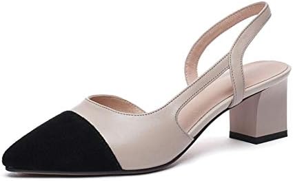 Genuine Leather Women's Pointed Captoe Chic Mid Chunky Heel Cute Handmade Concise Slip On Dorsay Women Sling Back Pumps