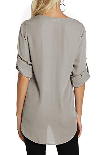Damen-Chiffon-Blusen-Elegante-Reiverschluss-Langarmshirts-Bluse-Tunika-Oberteile-T-Shirt-V-Ausschnitt-Tops