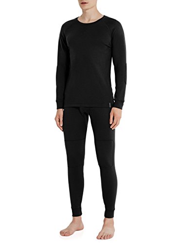 David Archy Men s Winter Warm Rib Stretchy Base Layer Top & Bottom Fleece Lined Thermal Set Long John (L, Black)