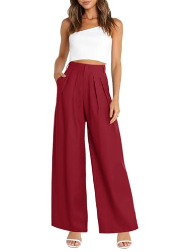 NIEYOOK WOMEN’S CASUAL HIGH WAISTED PALAZZO PANTS FLOWY WIDE LEG TROUSERS WORK SUIT PANTS WITH POCKETS FIERY RED