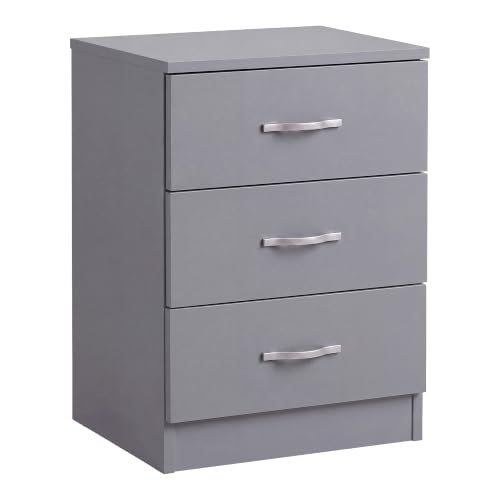 Vida Designs Large Grey Bedside Cabinet Chest of Drawers, 3 Drawer With Metal Handles and Runners, Unique Anti-Bowing Drawer Support, Riano Bedroom Furniture