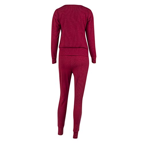 Dreamyth-Winter 2Pcs Women Solid Tracksuit Sweatshirt Regular Sleeve Long Pants Sport Lounge Wear Suit Sets (Wine Red, S:Bust:98cm/38.6'') - Thumbnail 2