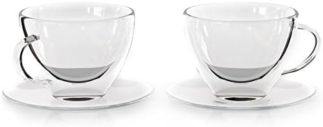 Pontique Clear Double Wall Insulated Glass Set of 2 Cups & 2 Saucers, 8.4 oz - Premium Quality, Handmade