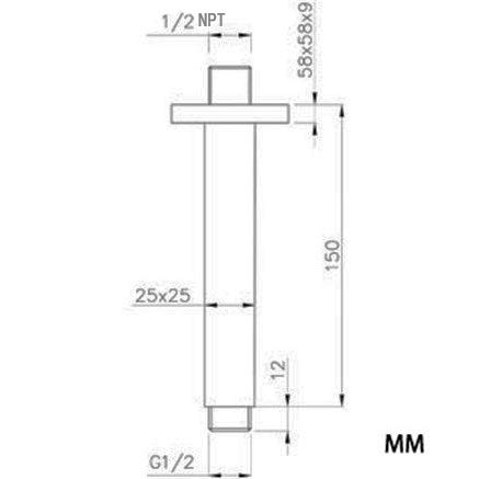 Weirun Bathroom 1/2 NPT All Brass 6-Inch Square Straight Shower Arm with Flange for Fixed Shower Head Ceiling Mount,Chrome