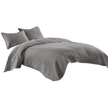 Chezmoi Collection Madrid 3-Piece Vintage Washed Solid Cotton Quilt Set (Queen, Smoke Gray)