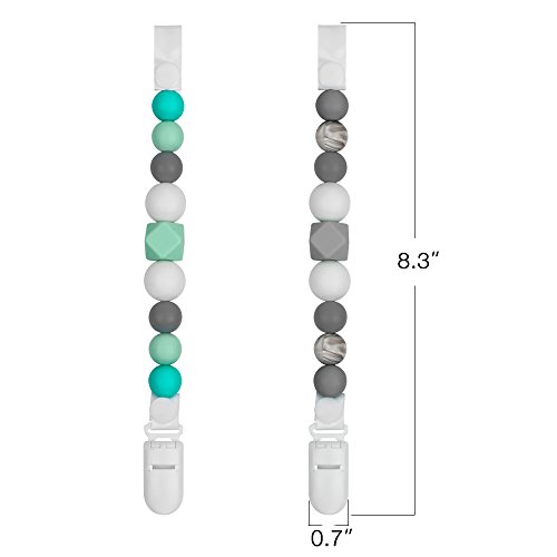 Pacifier Clips, Komake 2 in 1 Teether Pacifier Clip Chewable Silicone Teething Beads BPA Free Binky Holder for Girls, Boys, Teether Toys, Soothie, Mam, Drool Bibs, 2 Pack (Green, Gray)