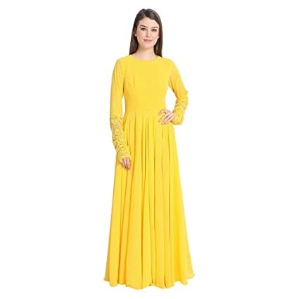 Buy URS Yellow Gown With Lace Sleeves 