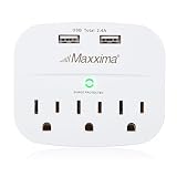 Maxxima 3 Outlet Dual USB Grounded Adaptor Plug 2.4A Port 490 Joules Surge Protector