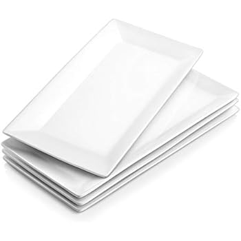 DOWAN 12 Inches Porcelain Serving Platters Rectangular Dinner Plates Stackable Serving Plates Set of 4 Serving Dishes - White