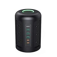 AUKEY Power Strip Tower with 12 AC Outlets, 2 USB-C Ports, 3 USB Ports, and 5ft Power Cable, Charging Station for Smartphones, Tablets, Laptops, AirPods Pro, Power Banks, and More (Black)