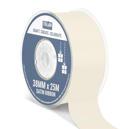 Italian Options Satin Ribbon, Fabric Ribbons for Gift Wrapping, Crafting, Balloons, Wedding Car, Presents, Cake, Christmas, Birthday, Gift Wrap Accessories, 38mm Wide x 25 Metre Roll, Ivory