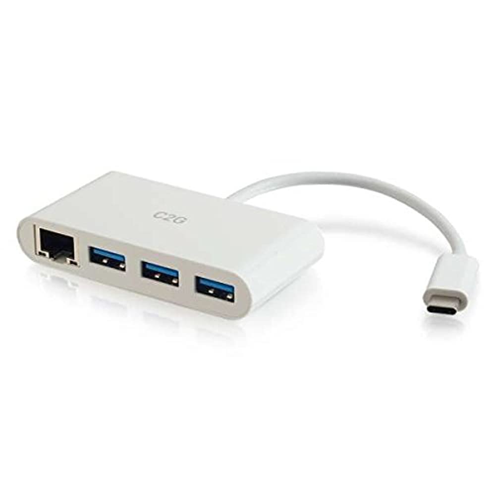 C2G USB-C® to Ethernet Adapter (RJ45) with 3 x USB A 3.0 Ports - USB C Hub - White