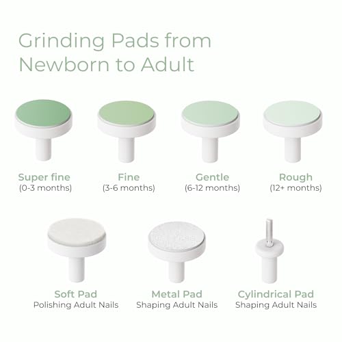 Momcozy Baby Nail File Electric, Gentle Baby Nail Trimmer Electric, Baby Nail Clipper with Night Light, 7 Grinding Head Replacement Pads, Green