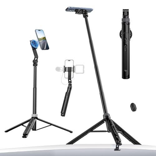 ULANZI TT88 Magnetic Tripod for iPhone, 57" Extendable Selfie Stick with Remote, 2-in-1 Phone Clip & Dual Cold Shoe Mounts-Lightweight Phone Tripod Stand for Vlogging, Travel, Video Recording (Black)