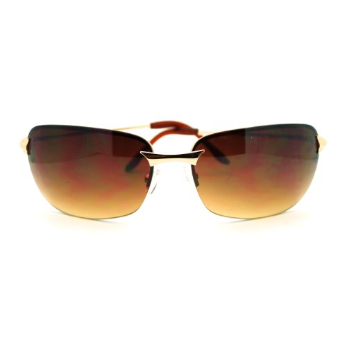 Mens Classic Sunglasses Rimless Rectangular Lite Metal Frame (gold, brown)