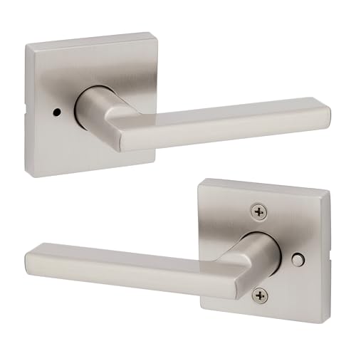 Kwikset Halifax, Door Handle Lever Privacy Door Lock for Bedroom and Bathroom with Microban, Square Rose in Satin Nickel