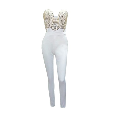 Engood Women's Strapless Backless Sequins Bodycon Long Party Jumpsuit Rompers Dress White L