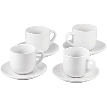 Espresso Cups with Saucers by Bruntmor - 4 ounce - White Ceramic - Set of 4