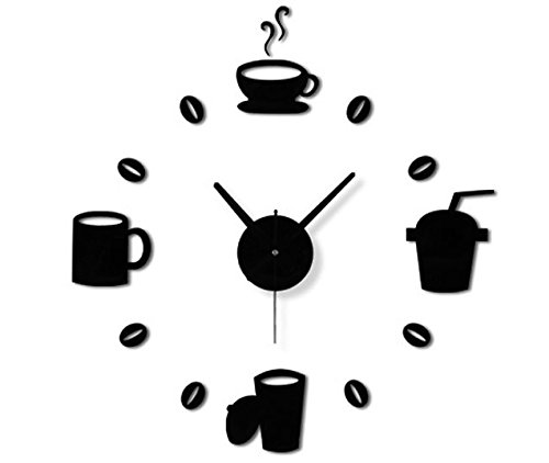 URToys Coffee Cups Beans 3D DIY Wall Clock Acrylic Stickers Quartz Modern Home Decoration Retro Kitchen Wall Clock Silent Watch Decals