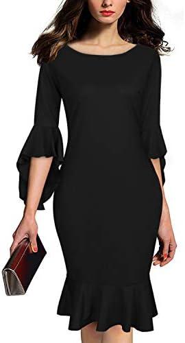 AUTCY Women's Elegant Ruffle 3/4 Sleeve Evening Party Mermaid Bodycon Dress