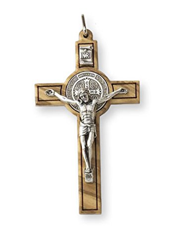 Olive Wood St Saint Benedict Crucifix Pendant Cross 7.5cm