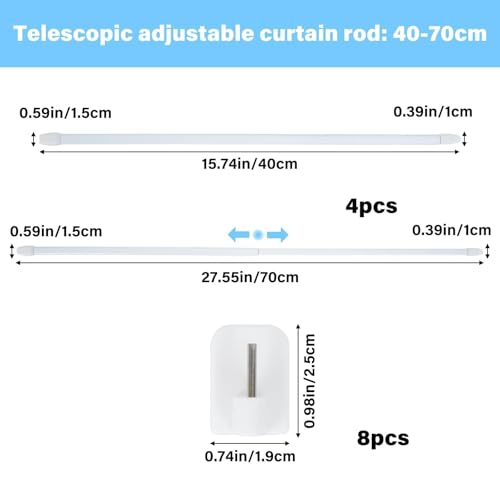 Minnhua 4PCS Extendable Curtain Rod 40-70 cm Without Drilling Adjustable Curtain Rod with 8pcs Adhesive Hooks for Windows Shop Wardrobe Kitchen Bathroom