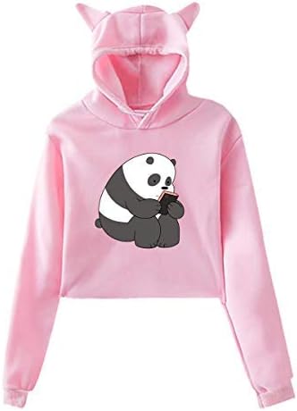 YURENYU Cartoon We Bare Bears Navel Exposure with Cap Cat's Ear Long Sleeves Fashion Hoodie Women