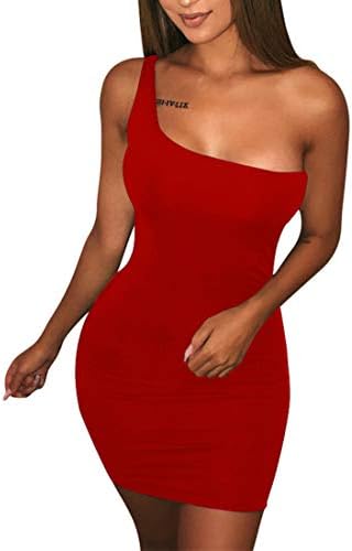 Women's Casual Basic One Shoulder Tank Top Bodycon Mini Club Dress