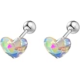 Colorful CZ Heart Cartilage Tiny Stud Earrings for Women Men Stainless Steel Crystal Love Hearted Screw Back Ball Tragus Helix Barbell Small Studs Earring Dainty Birthday Jewelry Gifts Valentine's Day 18G