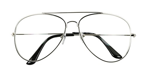 Basik Eyewear - Premium Metal Wire Pilot Teardrop Aviator Clear Lens Eye Glasses (Silver Frame, 135)