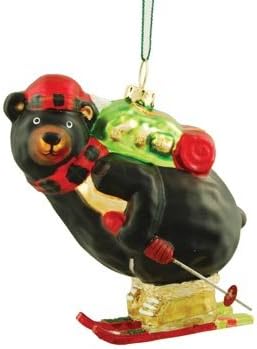Glass Bear with Red Scarf Skiing Ornament, 4-inch