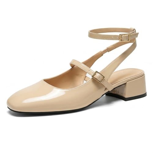 GotSoft Womens Square Toe Mary Jane Pumps Chunky Low Heels Ankle Strap Slingback Wedding Party Dress Shoes, Beige, Size 9.5 at Amazon