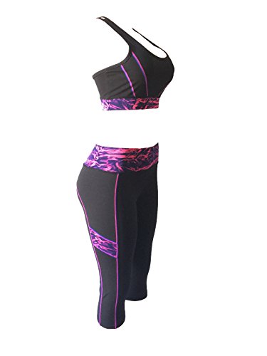 Women Gym Yoga Workout Activewear Sets Unpadded Sports Bra Top + Crop Leggings 2 Pieces Set (M/L, Berry Pink/Navy Black Mix) - Thumbnail 4