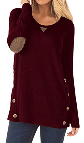 HARHAY Women's Long Sleeve Faux Suede Casual Blouse Tunic Shirt Tops Wine Red M
