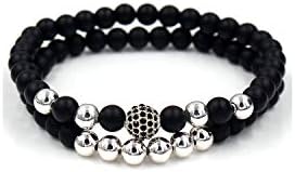 Awertaweyt Gemstone Beaded Bracelet, New 2Pc/Sets Natural 8/6Mm Stone Beads Couple Bracelets for Women Micro Pave Charms Bracelet Men Jewelry Pulseras Mujer ZJ2024S Size L 19-20cm