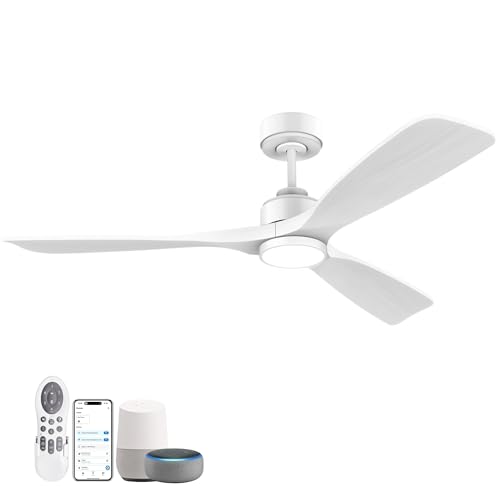 52 Inch Wood Smart Ceiling Fans with Lights Remote,Voice Control via WIFI Alexa App,Quiet DC Motor,Outdoor Indoor Ceiling Fan,Dimmable,Modern White Lighting & Ceiling Fan for Bedroom Patio Porch