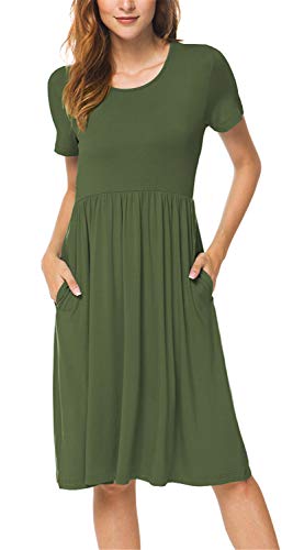 DB MOON Women Summer Casual Short Sleeve Dresses Empire Waist Dress with Pockets (Army Green, XS) - Image 5
