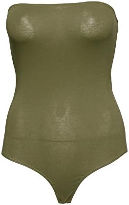 Curvy Street Solid Color One Piece Seamless Strapless Bodysuits (Olive, Medium)
