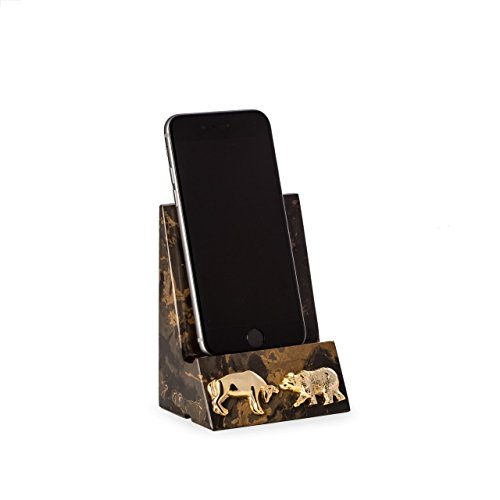 Bull and Bear Stock Market Tigers Eye Marble Desktop Cell Phone & Tablet Cradle Holder