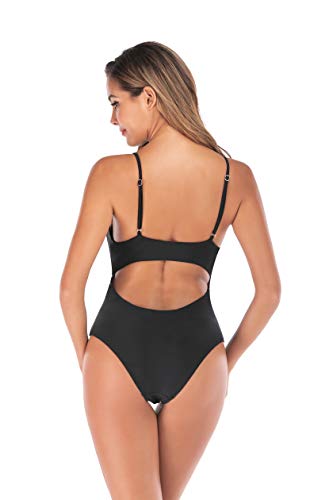 Agreya Women\'s high Slit Halter Back one-Piece Swimsuit (Black, L)