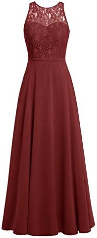 AK Beauty Women's Crew Neck Lace Bridesmaid Dresses Long Chiffon Prom Gown Burgundy US4
