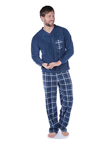 [- Harvey James Mens Fleece Pyjama Set V Neck Check Pocket Heritage Lounge Wear PJs  -]