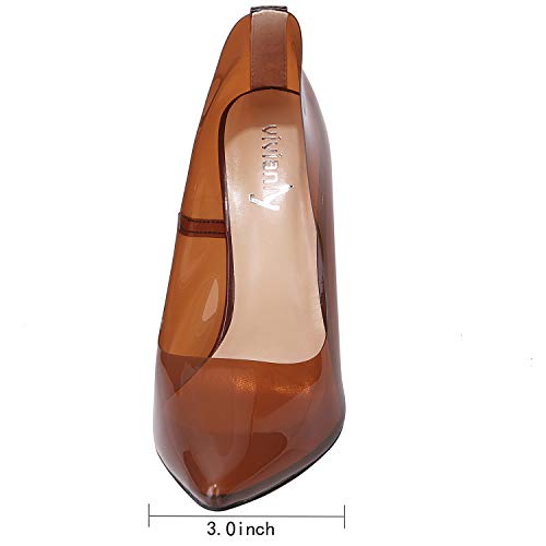 vivianly Fashion High Heel Pointed Toe Clear Pumps Heels Slip on Dress Shoes for Women Brown