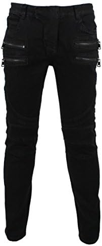 KooL J Mens Panel Biker Zippers Vintage Cotton Stretchy Denim Slim Straight Jeans 36W x 31L L-Black